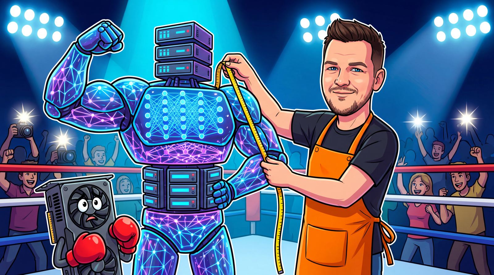 Cartoon in a boxing ring: the author, in an orange apron, holds a measuring tape up to a giant muscular robot made of glowing network layers and servers, while a small worried graphics card in red boxing gloves looks up at it. A crowd cheers and cameras flash.
